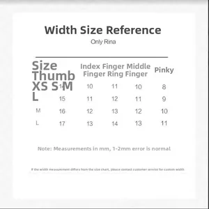 Guida alle taglie delle unghie con misure di larghezza per XS, S, M e L in millimetri