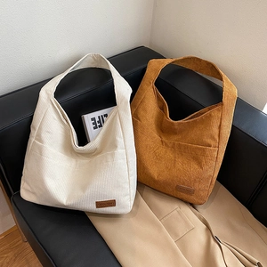 Large Capacity Corduroy Tote Bag Casual Retro Shoulder Underarm Handbag With Front Pocket For Women Simple Versatile