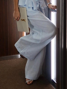 Light blue cotton set with ruffle camisole and wide-leg pants for women summer fashion