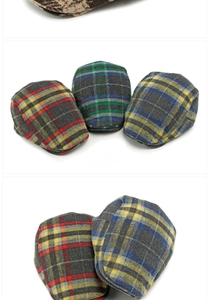 Detailed grid showing various colors of classic wool plaid berets in retro british style