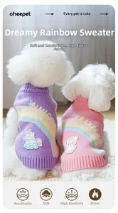 Detailed view of high-elastic knit pet sweater with rainbow stripes and unicorn embroidery