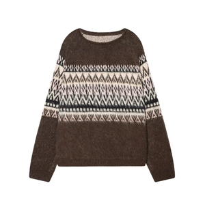Women Fair Isle Geometric Jacquard Sweater Round Neck Long Sleeve Fuzzy Knit Pullover Vintage Casual Brown Knitwear