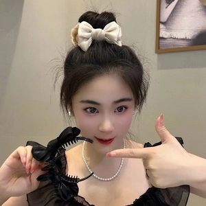 Elegant large velvet bow hair claw clip and beige headband set for classic women hairstyles