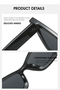 Detail view of durable metal hinges and comfortable nose pads on black cat-eye sunglasses