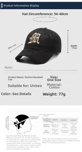 Detailed size chart for camouflage baseball cap with brim depth and circumference measurements