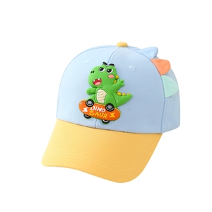 Blue and yellow kids baseball cap featuring a 3D cartoon dinosaur and dinosaur back fins