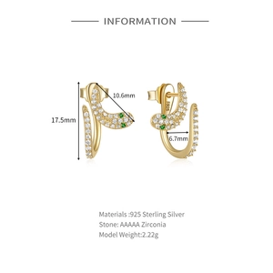 Detail of s925 silver snake earrings featuring green zirconia eyes and 17.5mm dimensions