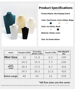 Detailed size specifications table for bust necklace display stands in various dimensions