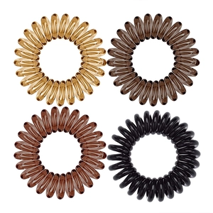 Set of 4 high elasticity spiral phone cord hair ties in gold, brown, and black colors