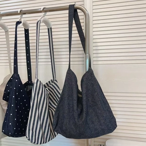 Vintage denim canvas tote bag set with stripe and polka dot patterns for women