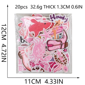 20pcs pink embroidery patch set featuring shark and beach patterns with size dimensions