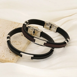 Fashion Men Bracelet Stainless Steel And Leather Silicone Double Layer Spliced Color Simple Sporty Wristband Jewelry