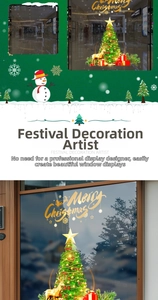 Detailed view of Christmas window decals featuring festive trees and golden reindeer