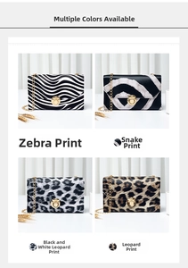 Collage of four animal print handbags featuring zebra, snake, and leopard patterns with gold chains