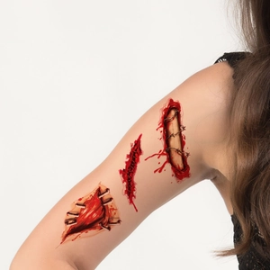 Realistic Halloween horror scar tattoos featuring bloody stitched wounds on skin