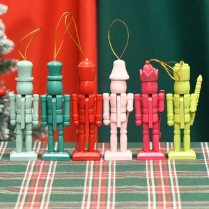 Set of six 13cm colorful wooden nutcracker soldier ornaments with gold hanging strings