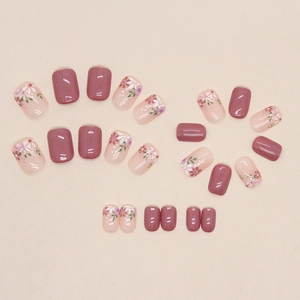 Pink and floral press-on nails set with short square oval shape for a fresh look
