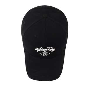 Black cotton baseball cap with white WakgeRoYe embroidery, top view on white background