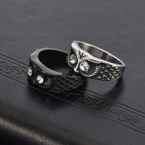 Macro detail of retro owl rings in black and silver finishes with crystal eyes