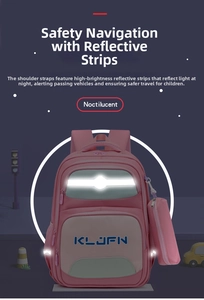 Safety detail of pink trolley schoolbag featuring high-visibility reflective strips for night