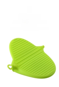 Close-up of green silicone oven mitt with anti-slip ridges and storage hanging loop