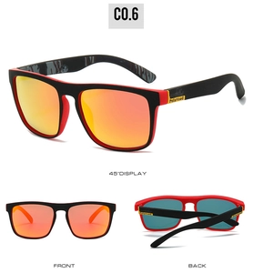 Polarized sports sunglasses detail with black-red frame and orange mirrored lenses