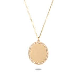 Collier en acier inoxydable plaqué or 18 carats avec pendentif rond bordé de cristaux