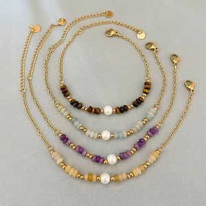 Stainless Steel Bracelet With Natural Stone Beads And Artificial Pearl Adjustable Extension Chain Fashion Jewelry For Women