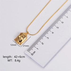 Golden Buddha head pendant necklace with 42+6cm snake chain and detailed dimensions