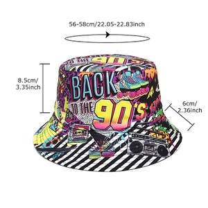 Bob vintage des années 90 avec motifs graffiti colorés et bord à rayures noires