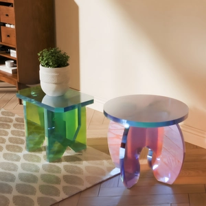 Tavolini moderni in acrilico iridescente a forma quadrata e rotonda per la casa