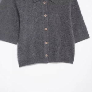 Women's dark gray knit short sleeve polo cardigan with plush texture and wooden buttons