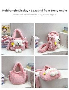 Detail view of pink plush girls handbag with 3D teddy bear and floral decorations
