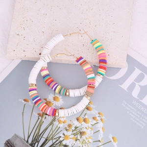 Bohemian large hoop earrings with colorful polymer clay beads and gold metal ear hooks