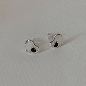 Minimalist 925 sterling silver heart stud earrings with black drip oil accent