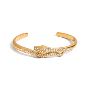 Luxurious 18k gold plated stainless steel snake bangle with white crystals for women