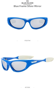 Detailansicht der blauen Sport-Sonnenbrille mit silbernen Spiegelgläsern zum Radfahren