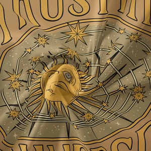Macro shot of bohemian tapestry fabric texture with mystic sun and star embroidery