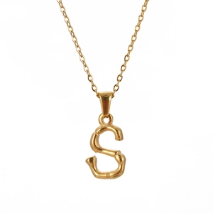 Gold stainless steel S letter pendant necklace with bamboo texture and thin O-chain