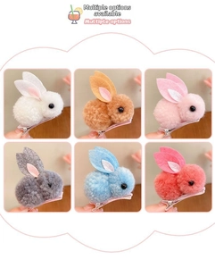 Détail de barrettes lapin en peluche en six couleurs avec oreilles en feutre et clips métal