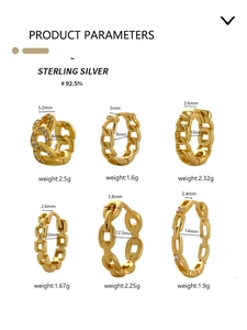 Detailed size chart for gold S925 sterling silver hoop earrings with weights and dimensions