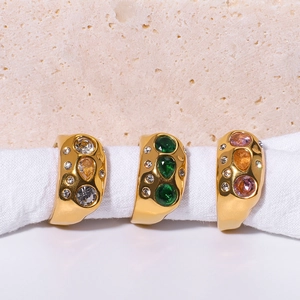 18K gold plated stainless steel adjustable rings set with colorful zircons and liquid metal texture