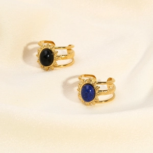 Retro gold plated stainless steel rings with blue and black natural stones on silk