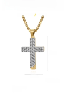 Macro shot of titanium steel honeycomb cross pendant measuring 42mm by 30mm