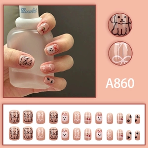 Kawaii pink press-on nails with cartoon dog, cherry and bow designs, 24pcs full set