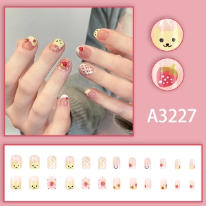 Cute strawberry bear and pink plaid pattern short round press-on nails set of 24pcs
