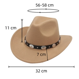 Detailed dimensions of the khaki felt cowboy hat with silver accents and leather band