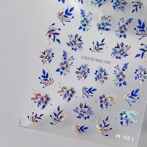 Blue Floral Nail Art Stickers Holographic Laser Gold Edge Self Adhesive Relief Flower Design Women DIY Manicure Decoration