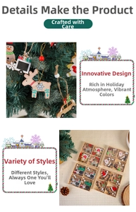 Detailed view of wooden Christmas ornaments featuring reindeer and snowman on a tree