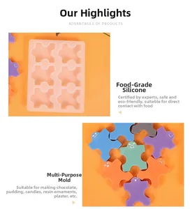 Dettaglio stampo in silicone per puzzle a 6 fori con esempi di resina colorata